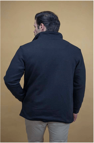 Charcoal men’s Airman coat back view with stand collar and buttoned yoke