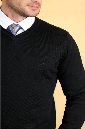 Close-up of men's black V-neck sweater knit and ribbed collar