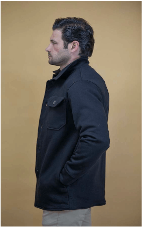 Charcoal men’s Airman coat side view with chest flap pocket and snap details
