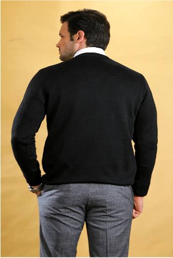 Men's black V-neck pullover sweater, back view with long sleeves