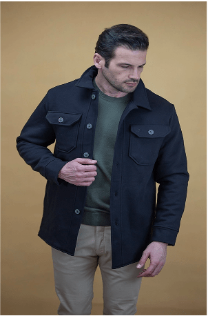 Charcoal men’s Airman coat front view, open placket and snap cuffs, flap chest pockets