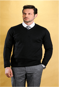 Men's black V-neck pullover sweater with long sleeves and ribbed neckline