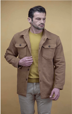 Taupe coat front view with button closure, two flap chest pockets, long sleeves