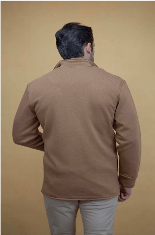 Taupe coat back view with classic collar and long sleeves