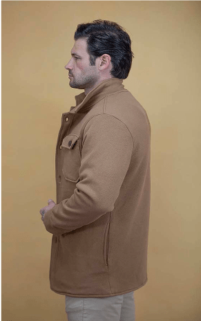 Taupe coat side view with flap pockets and button front