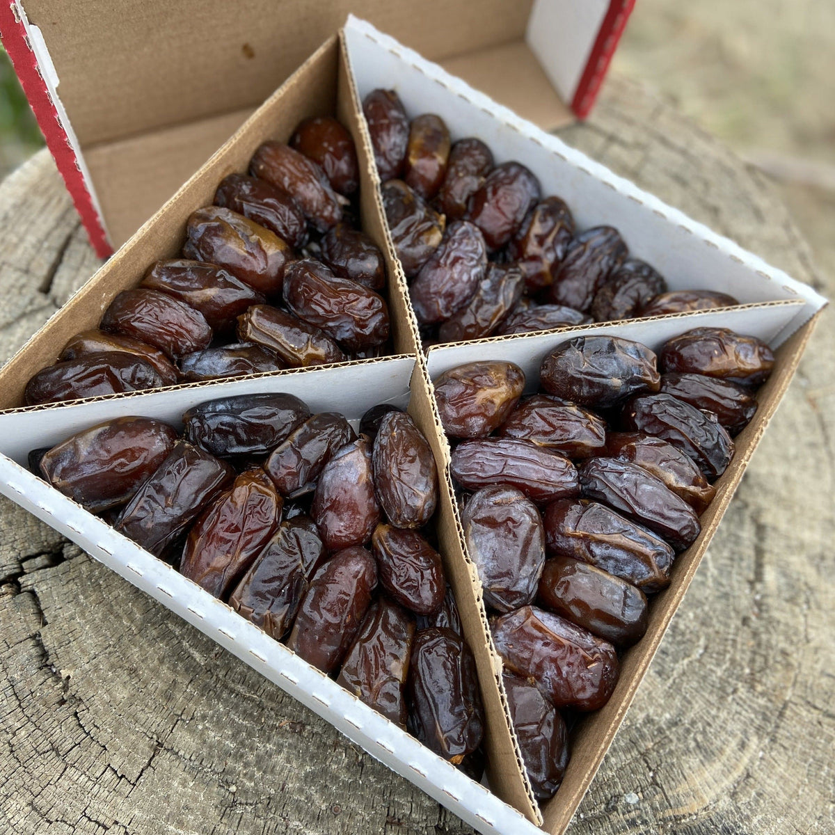 Soft Medjool dates in a four-compartment cardboard tray, glossy dark red dates