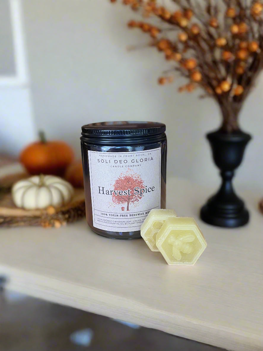 Amber Harvest Spice candle in jar with black lid, plus pale hex beeswax on tabletop