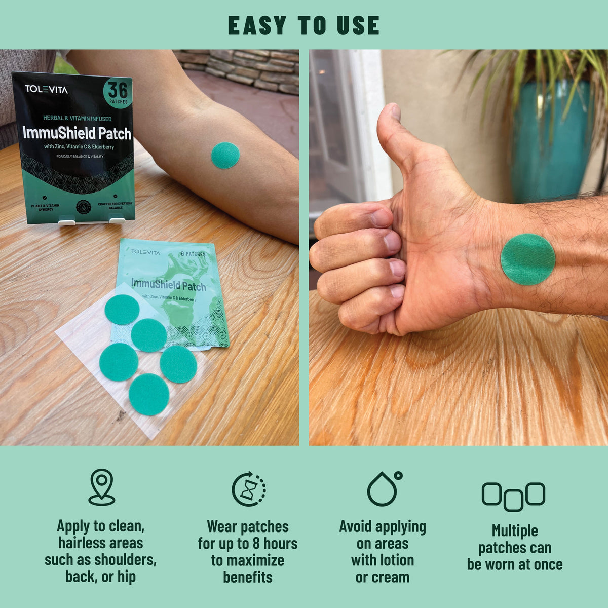 Green wellness patch on skin with easy-use application icons and patch sheet