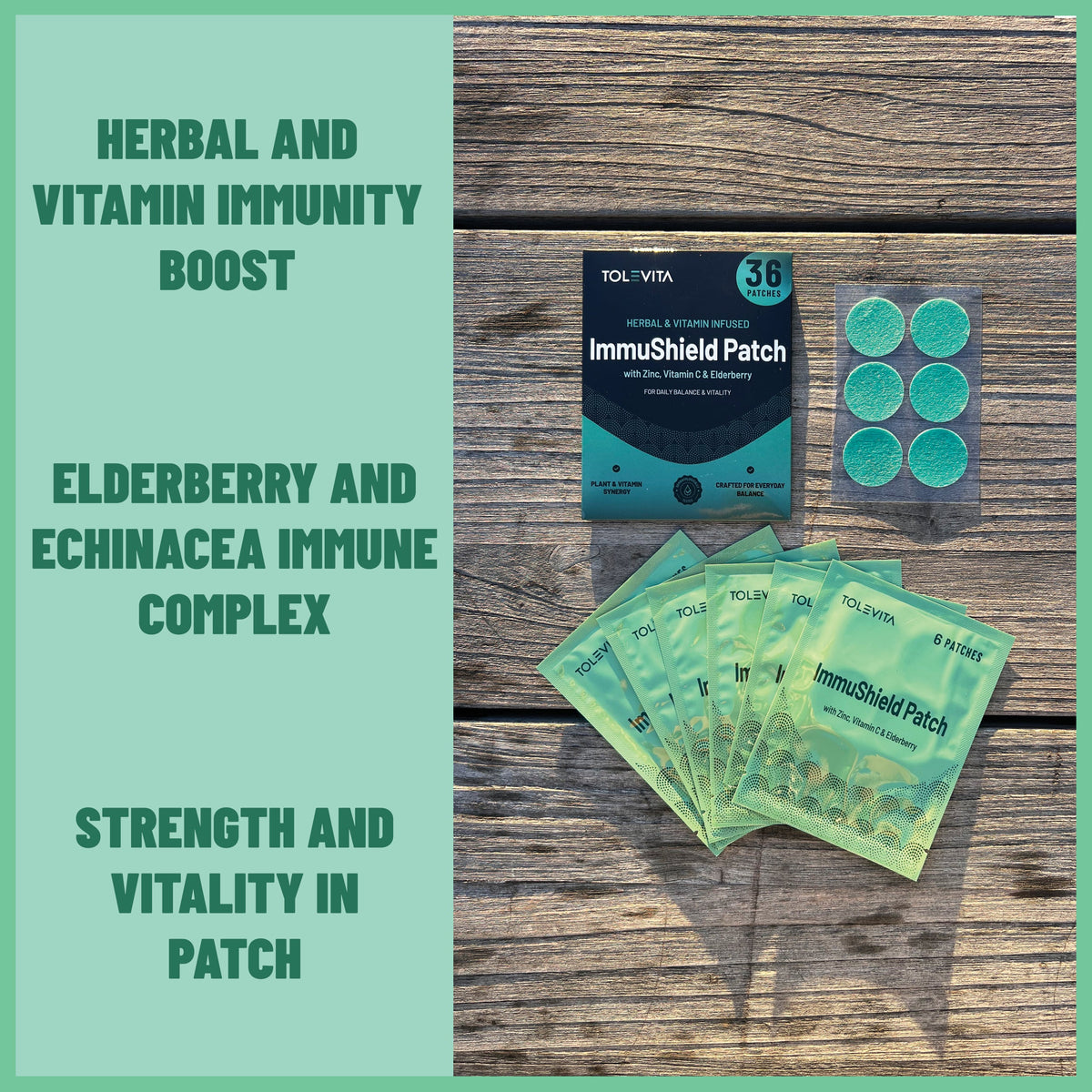 Elderberry and echinacea immune patch box with multiple green patch sheets