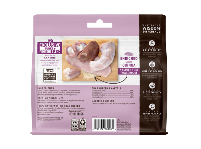 Earth Animal Wisdom air-dried jerky dog treat pouch, back nutrition and ingredients panel