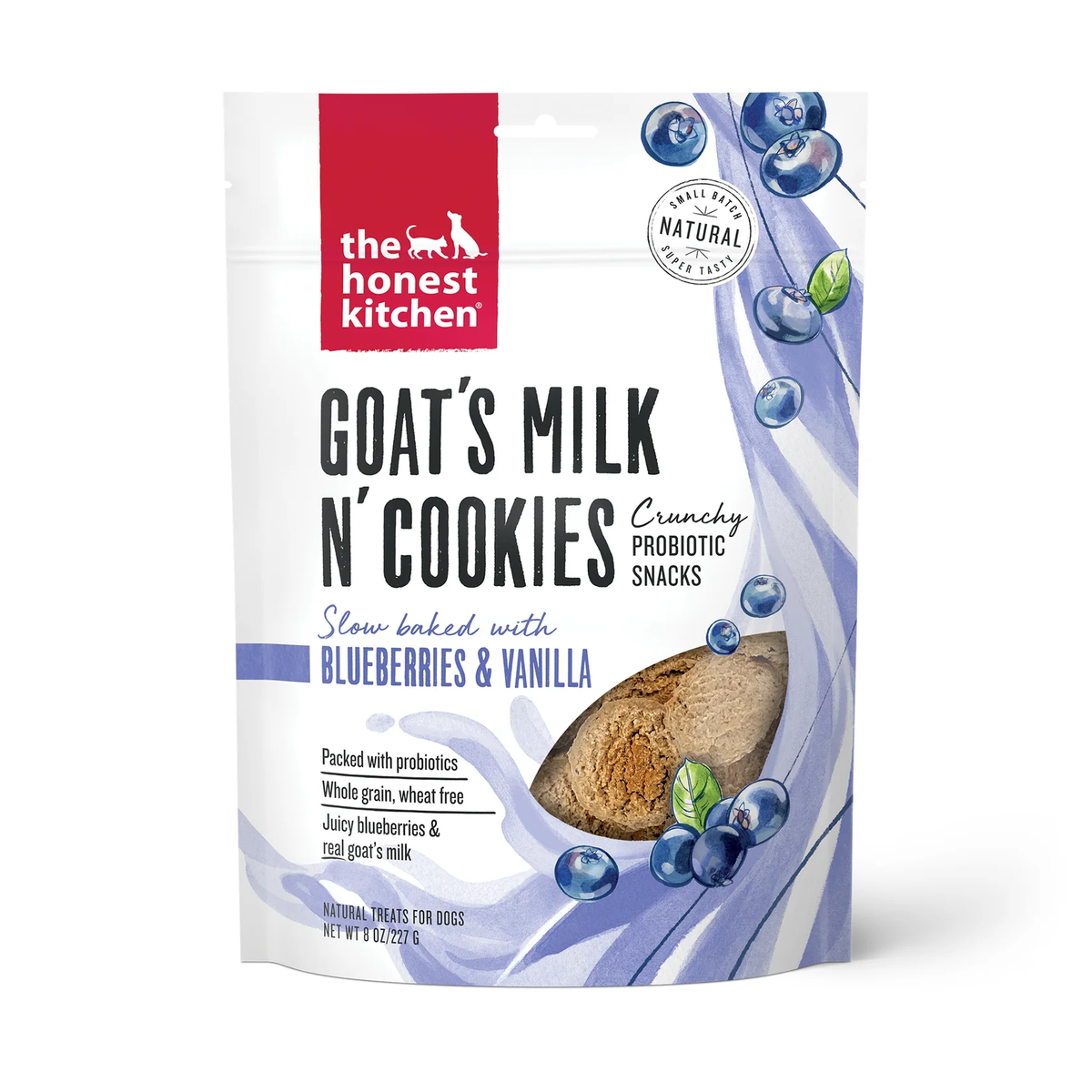 Goat's milk n' cookies dog treat pouch with blueberry and vanilla flavor, 8 oz