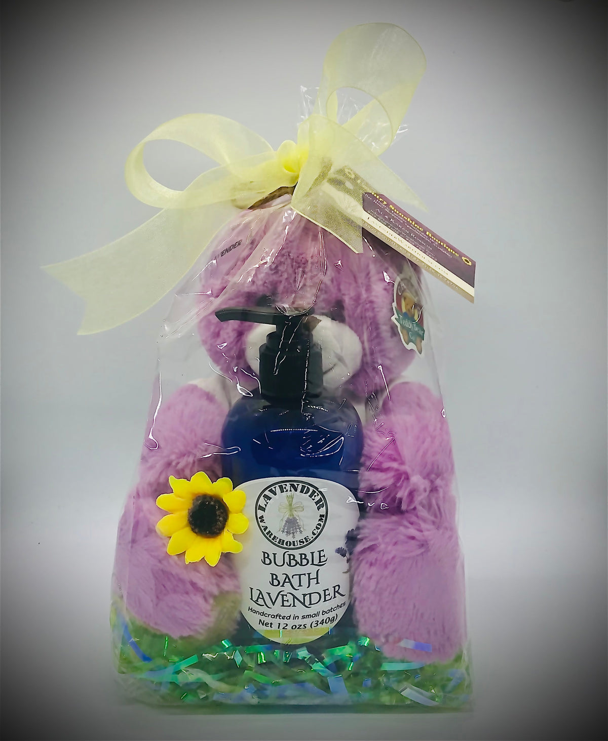 Lavender teddy bear gift set bag with bubble bath bottle and label