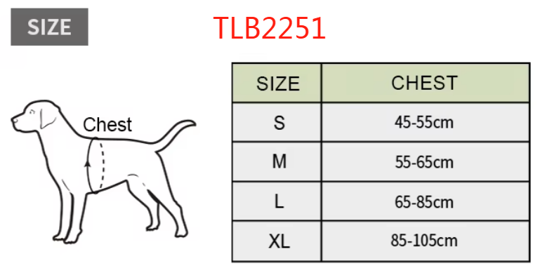Dog harness size chart with chest measurements S–XL and code TLB2251