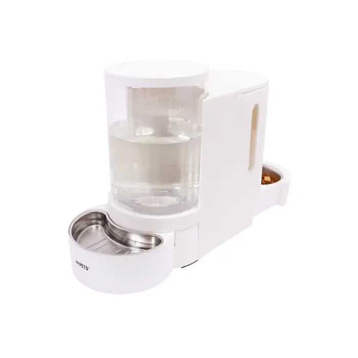 White double pet food and water dispenser with clear sections and stainless bowls