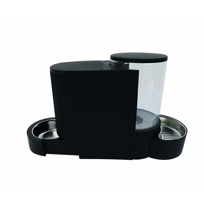 Dual pet food and water dispenser with black base and removable water tank