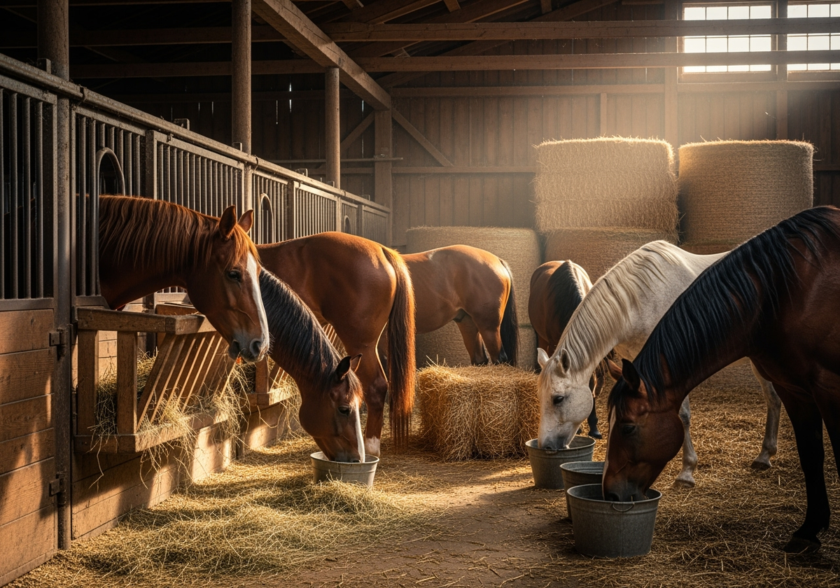 Gray plastic feed bucket in a stable with horses eating nearby.