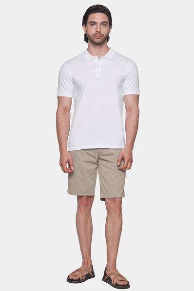 White mercerized cotton polo shirt with buttoned placket and short sleeves