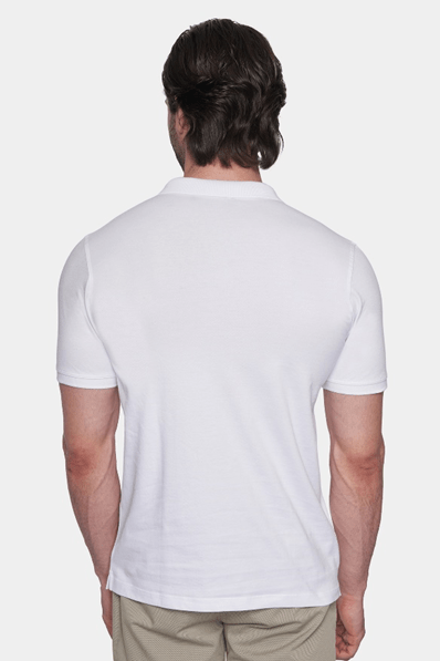 Back view of white mercerized cotton polo shirt with short sleeves