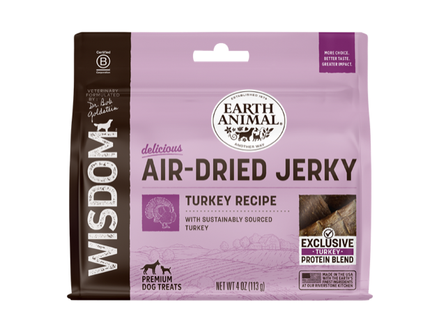 Earth Animal Wisdom air-dried turkey jerky dog treat pouch, purple front label