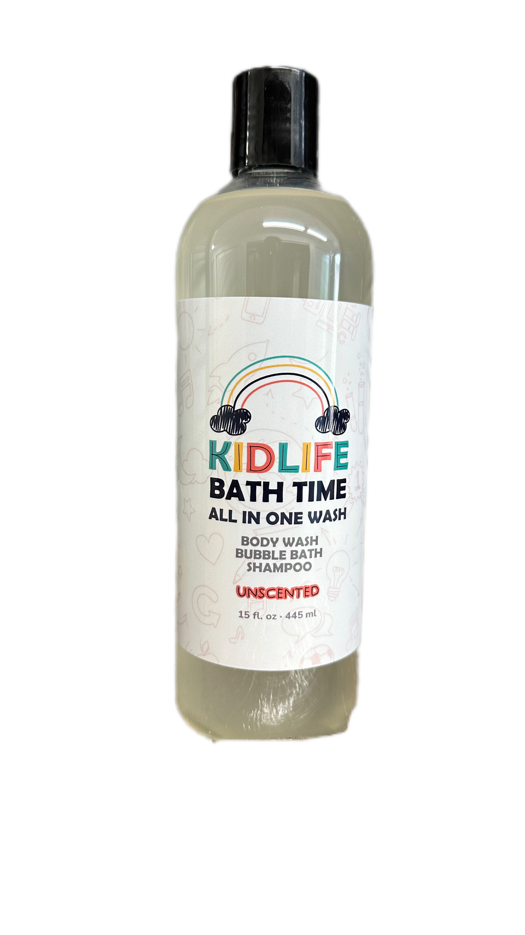 Kidlife Bath Time all in one wash bottle, unscented, clear view of bottle shape