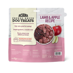 Freeze-dried dog treats bag, back panel with lamb and apple recipe details