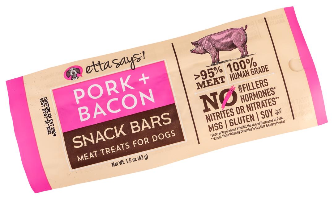 Dog treat snack bar package, pork and bacon, 1.5 oz, meat treats for dogs
