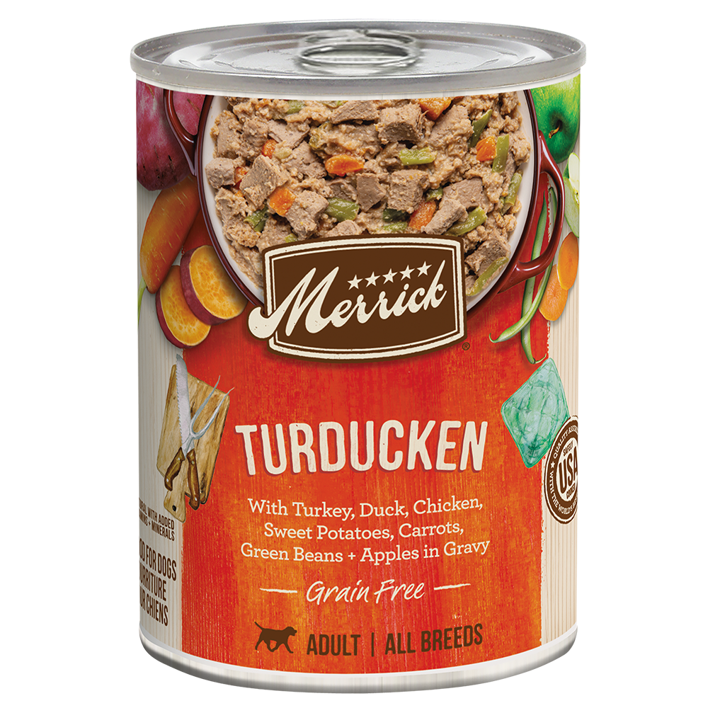 Merrick Turducken grain-free wet dog food can, adult all-breeds label with ingredients