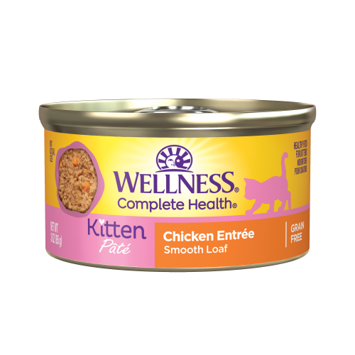 Wet cat food can with kitten pate chicken entree smooth loaf label