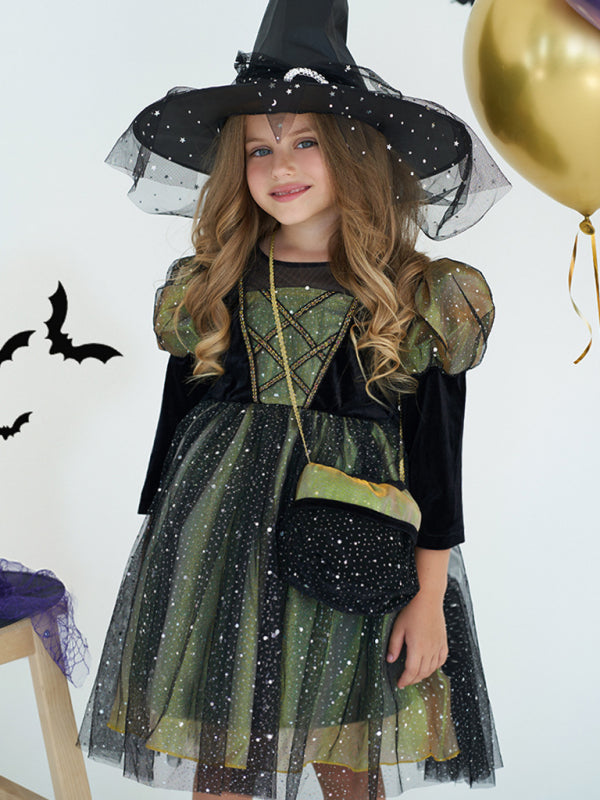 Girls' green glitter witch dress with black tulle sleeves and pointy hat