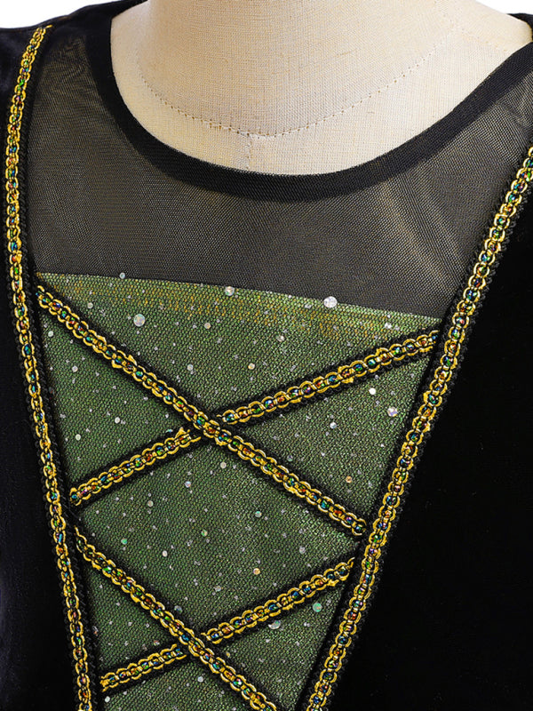 Green witch dress bodice detail with gold crisscross chain trim and glitter dots
