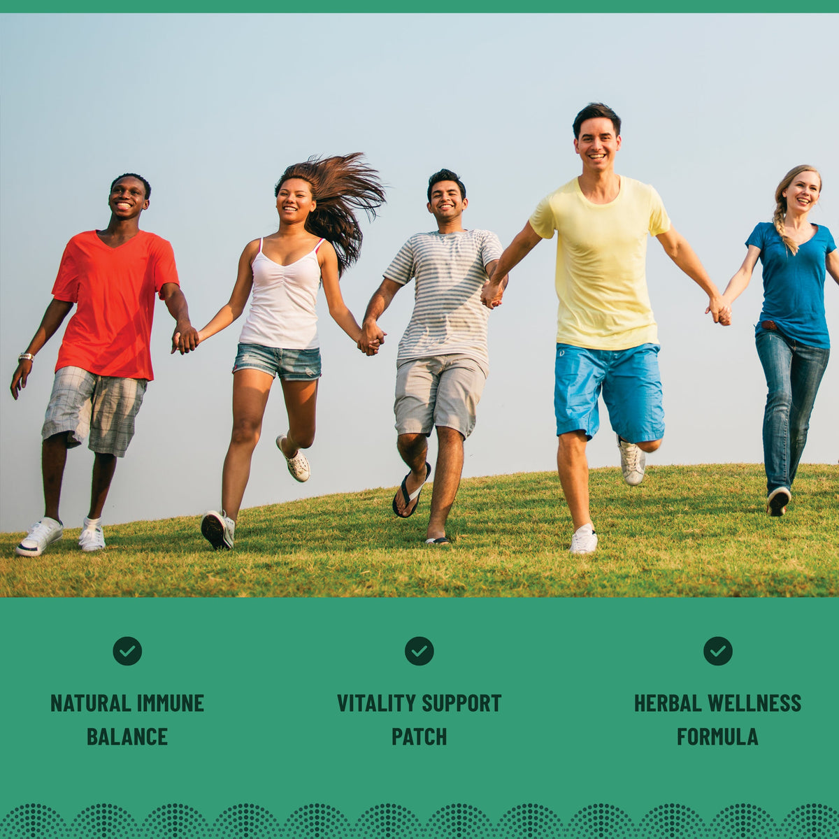 Wellness patch lifestyle graphic with natural immune, vitality, and herbal wellness icons