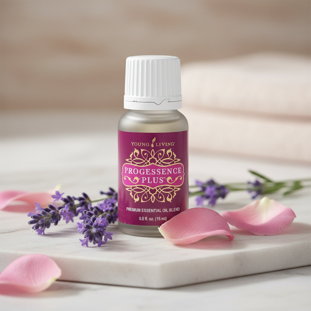 Young Living ProGessence Plus essential oil blend bottle, 15ml, pink label