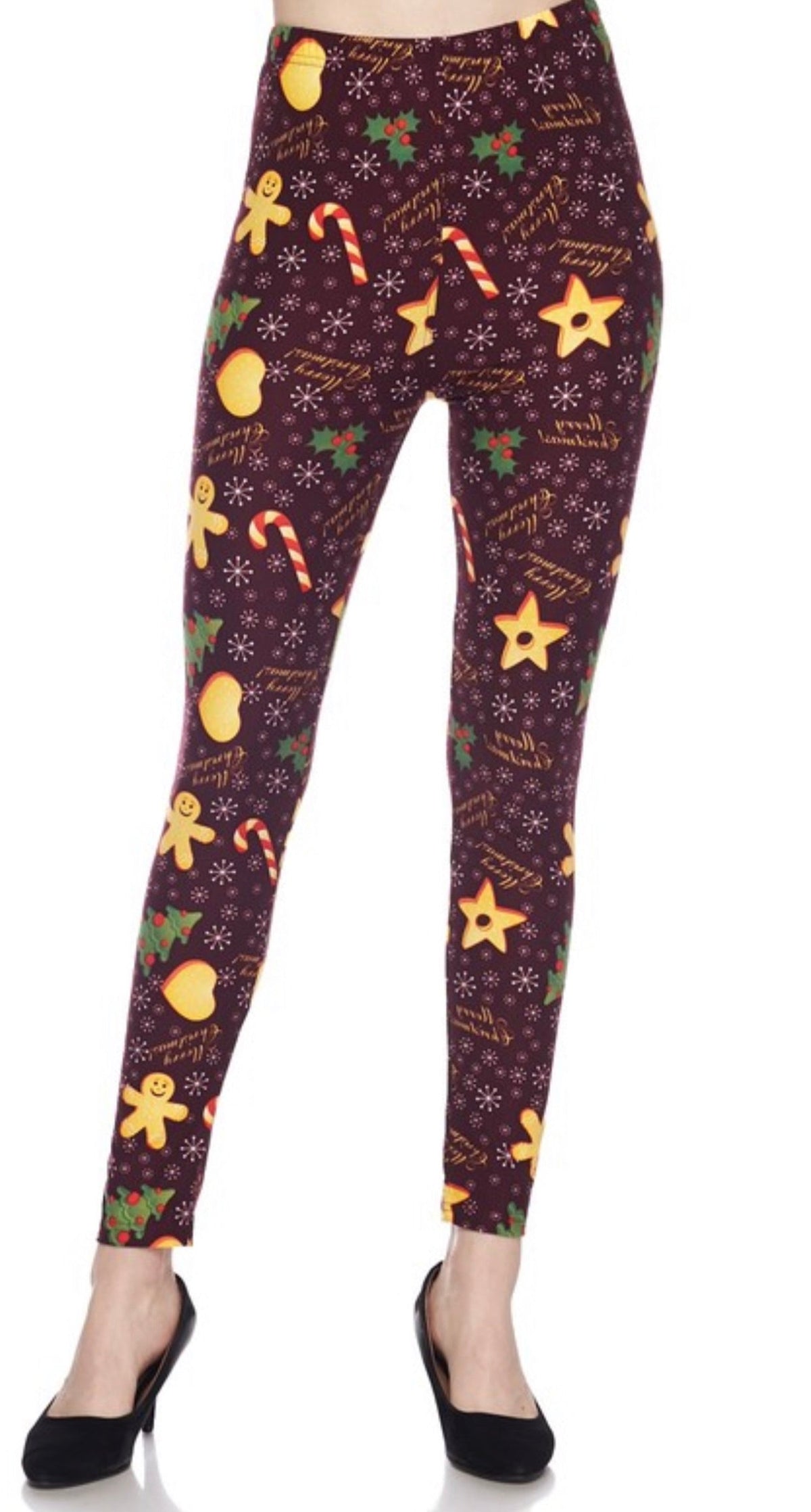 Brushed ankle leggings, dark purple with gingerbread, snowflakes, and stars print