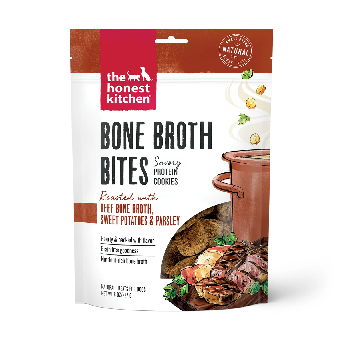Dog bone broth bites treat bag with beef and sweet potato flavor, protein cookies