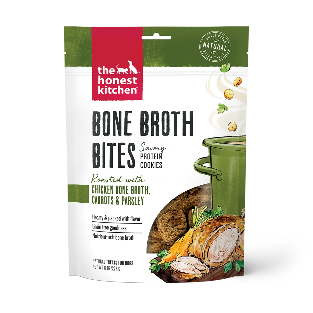 Honest Kitchen Bone Broth Bites dog treat bag, front view with chicken and carrots