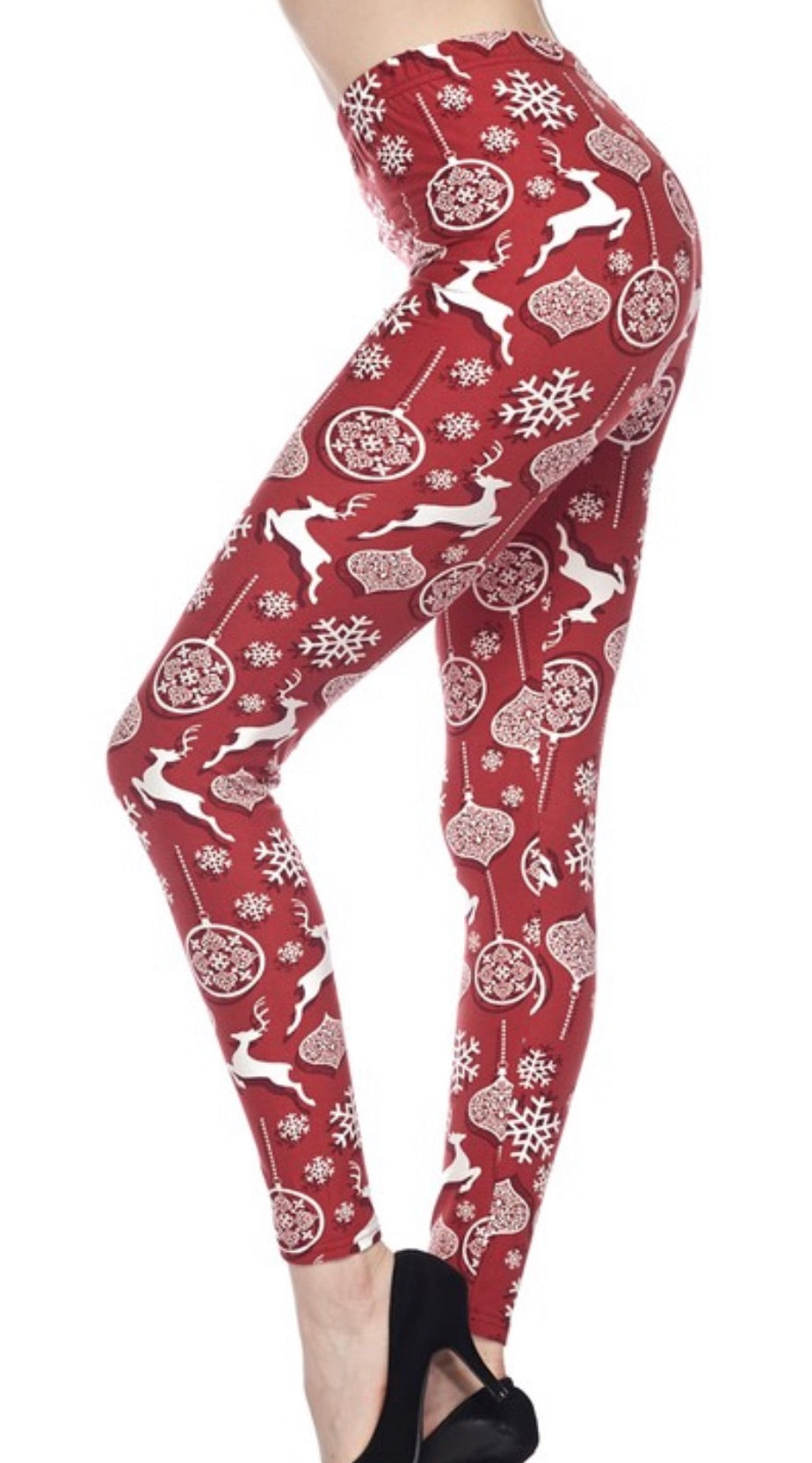 Maroon plus-size brushed leggings with reindeer and snowflake print, full length
