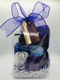 Lavender bubble bath gift set in clear bag with ribbon and spa soap items