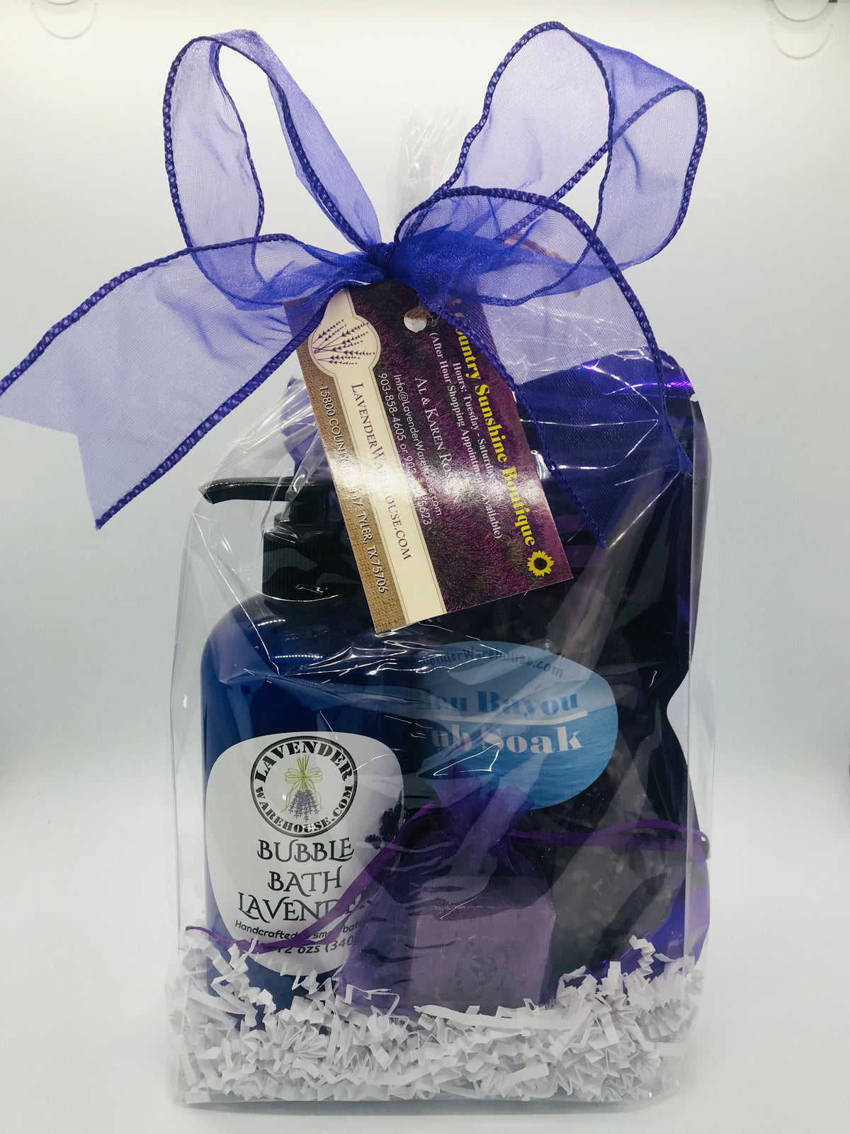 Lavender bubble bath gift set in clear bag with ribbon and spa soap items