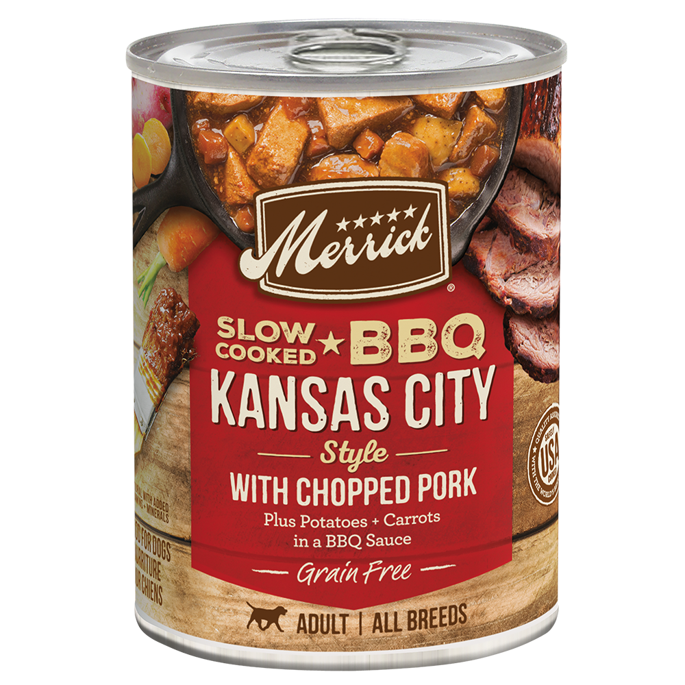 Merrick slow-cooked BBQ Kansas City style wet dog food can with chopped pork