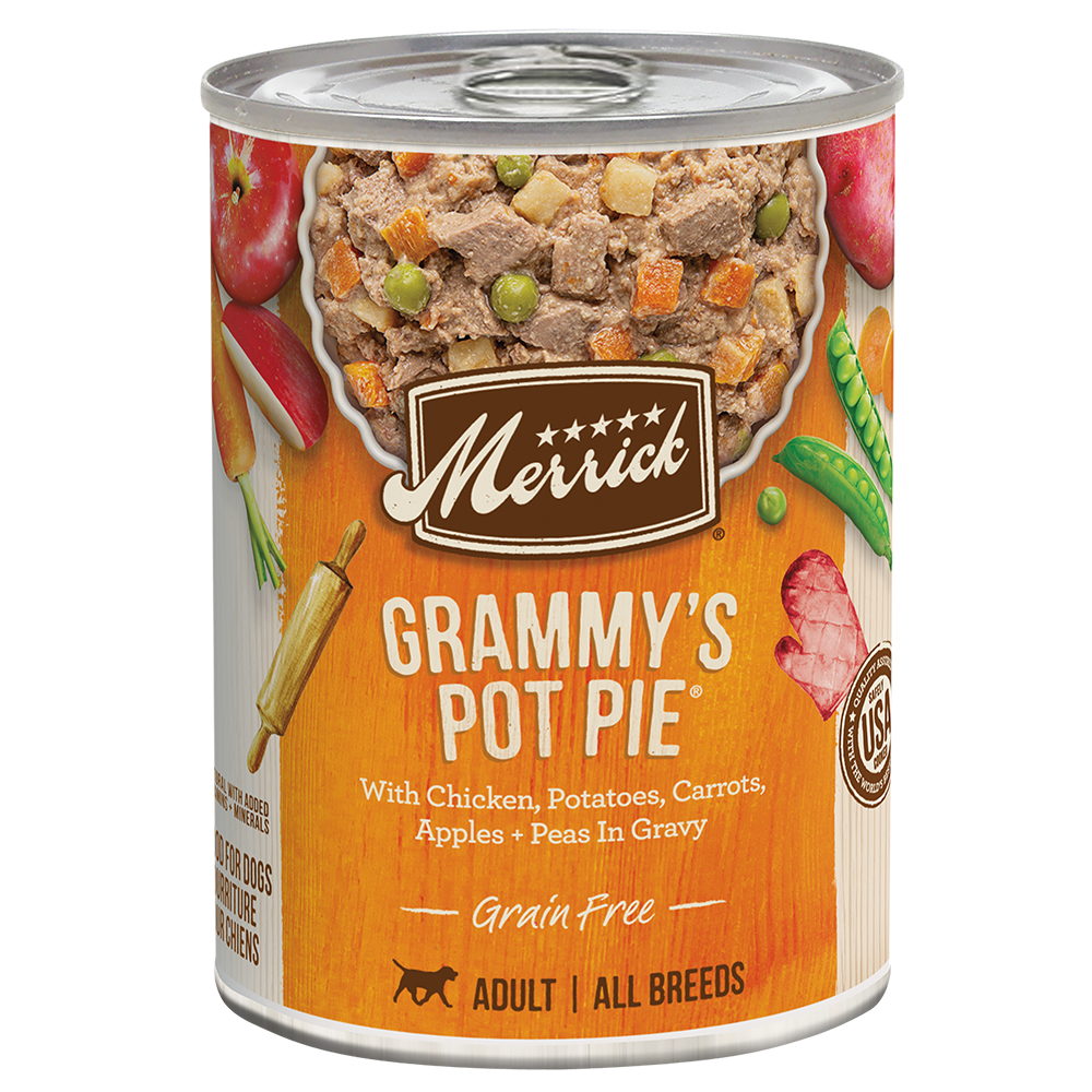Grain-free wet dog food can front label with chicken pot pie and vegetables