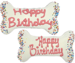 Bone-shaped Happy Birthday dog decoration with pink lettering and speckled border