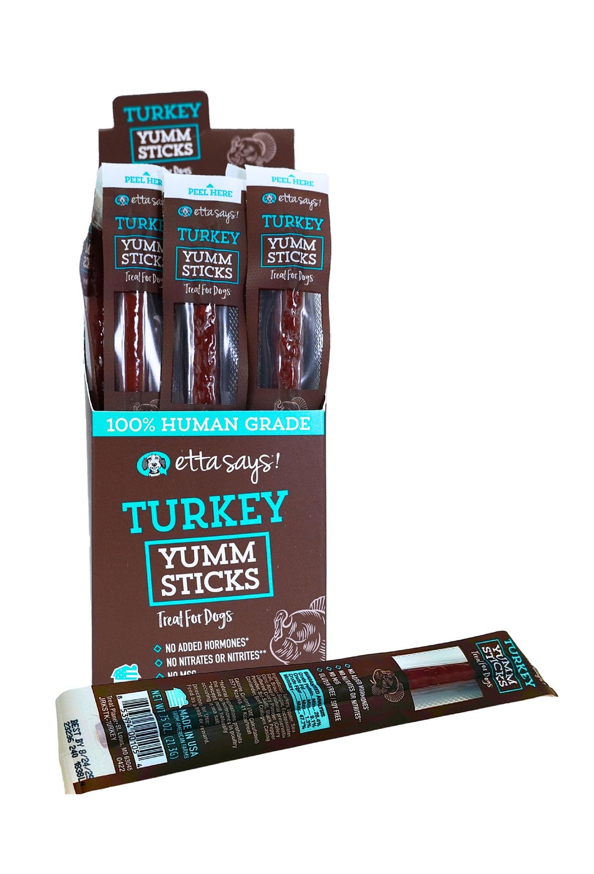 Turkey yum stick dog treats, 0.75 oz, in pouch packaging