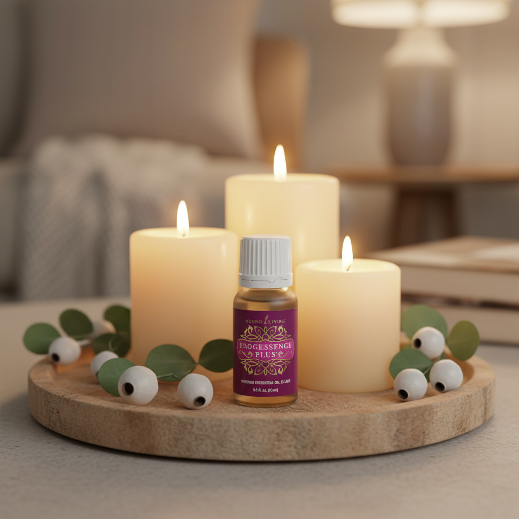 Young Living ProGessence Plus essential oil blend bottle on tray, 15ml