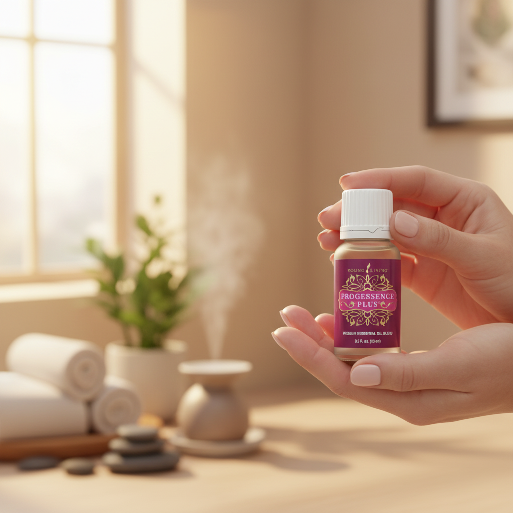 Young Living ProGessence Plus essential oil blend bottle held in hand, 15ml