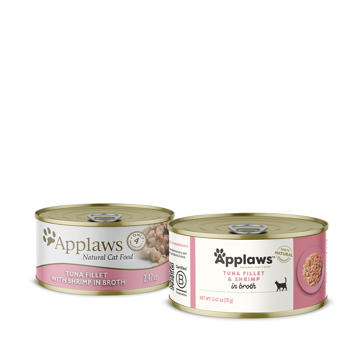 Applaws wet cat food cans with tuna fillet and shrimp in broth, 2.47 oz