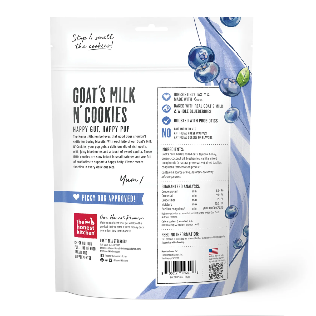 Goat's milk n' cookies dog treat pouch back with ingredients and feeding directions