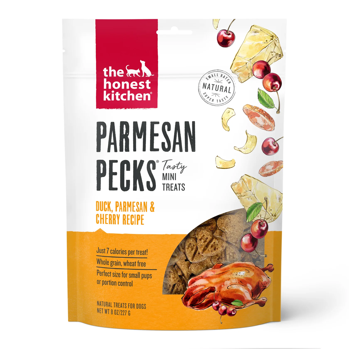Dog treat pouch with Parmesan Peck's design, duck and cherry illustrations