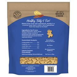 Buddy Biscuits bacon & cheese dog treats bag back panel with ingredients and nutrition