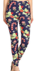 Plus size brushed ankle leggings with candy cane, poinsettia, and snowflake print