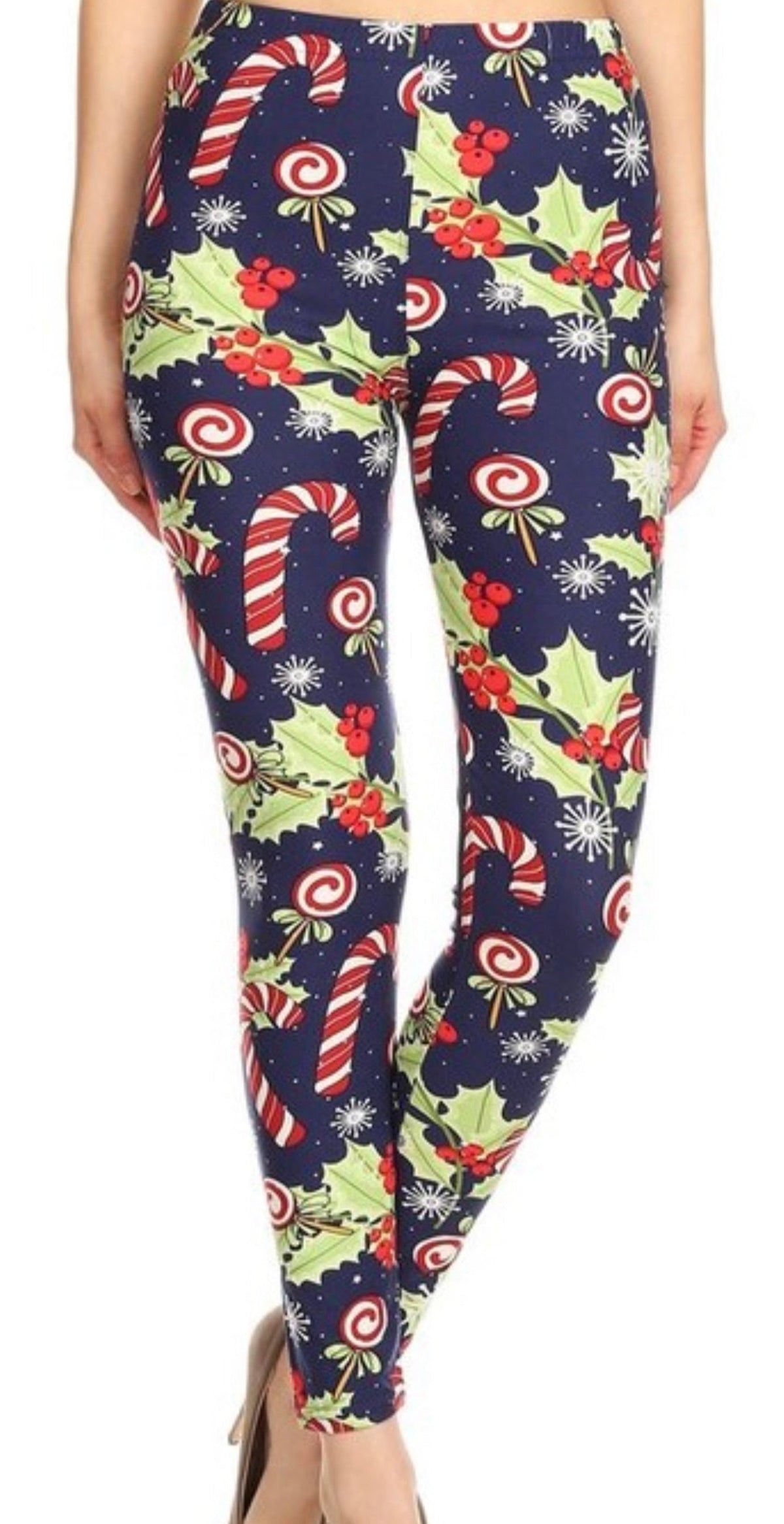 Plus size brushed ankle leggings with candy cane, poinsettia, and snowflake print